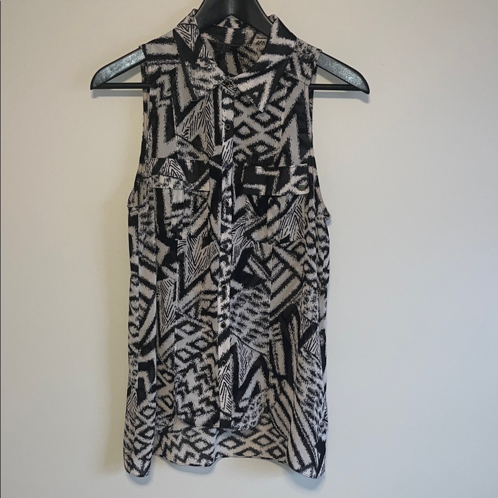 Guess Black and White Geometric Sleeveless Blouse